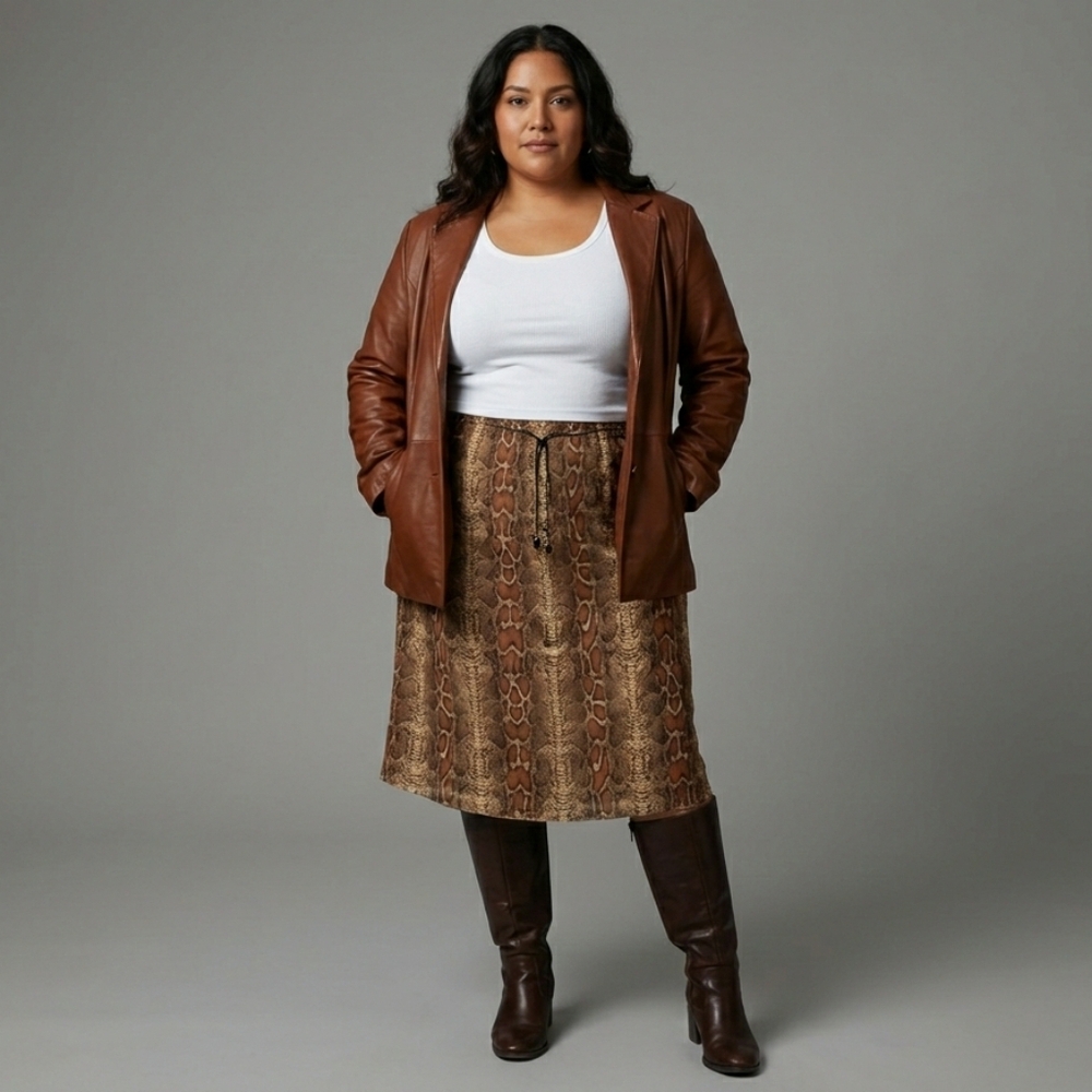 Vintage 90s Brown snake print mesh midi mid length skirt, 1X Plus Size
